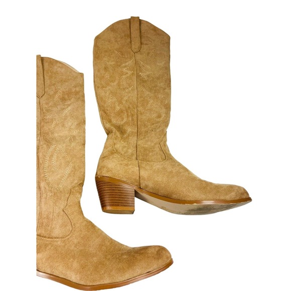 Womens Faux Leather Knee High Block Heels Western Cowboy Work Boots Tan Size 41 - Picture 5 of 13